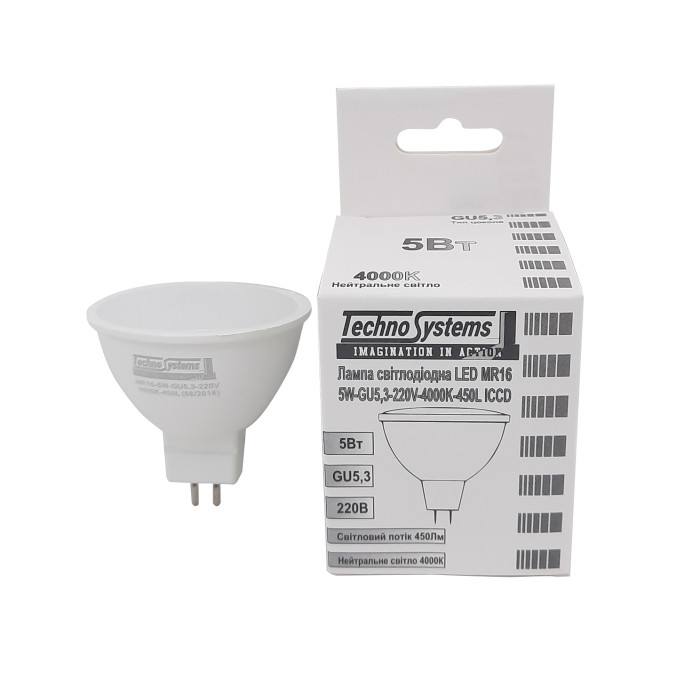 Лампа світлодіодна LED MR16-5W-GU5.3-220V-4000K-450L ICCD TNSy